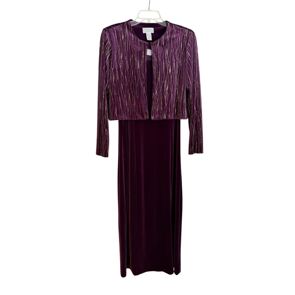 Studio C Purple Velvet Maxi Dress and Gold Metallic Cropped Jacket Set Size 14